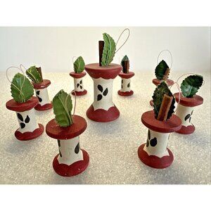 Set of 9 Vintage Wood Spools Carved Apple Core Christmas Tree Ornaments Handmade